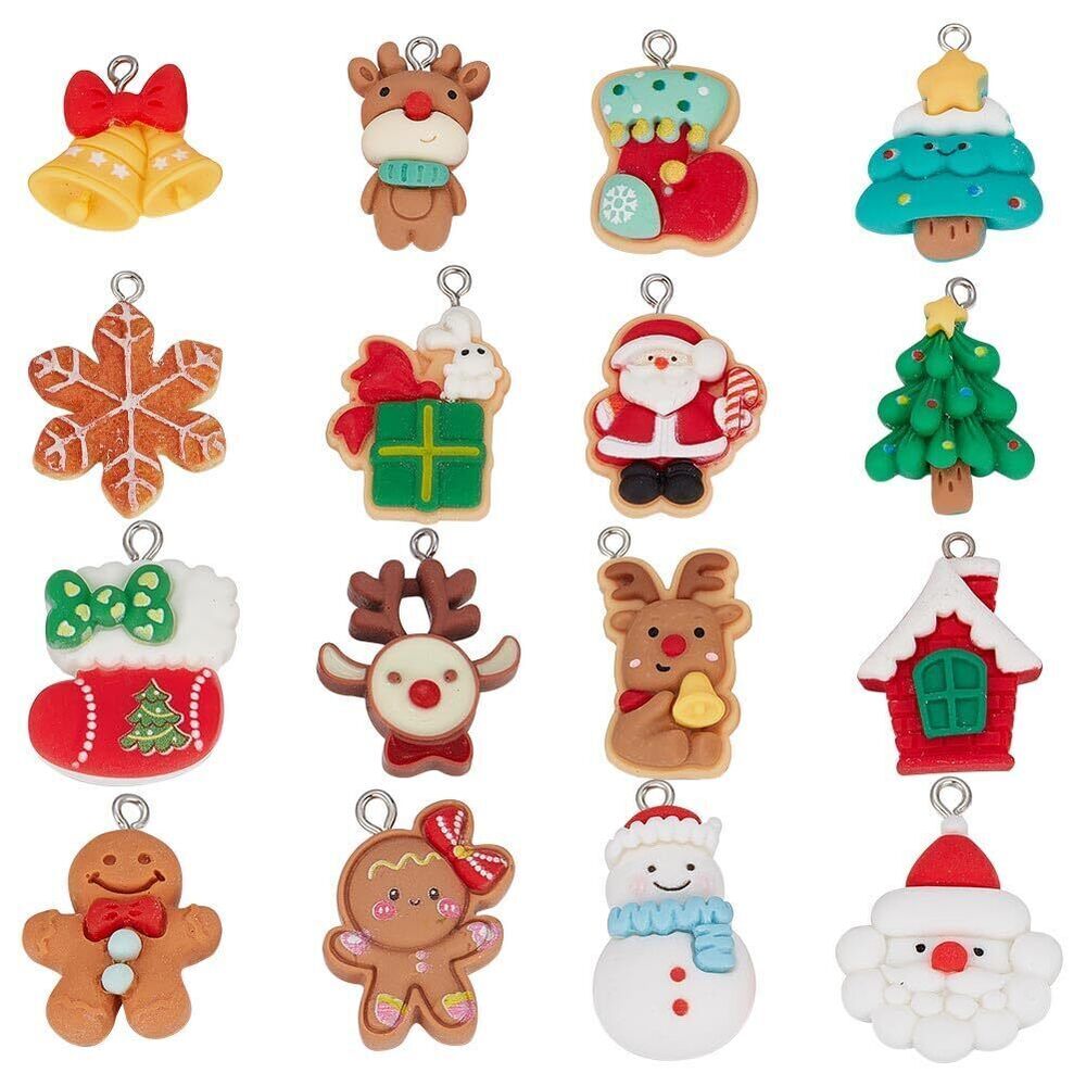 2570 1 Box 32pcs 16 Styles Christmas Charms Bulk Snowman Charms Resin